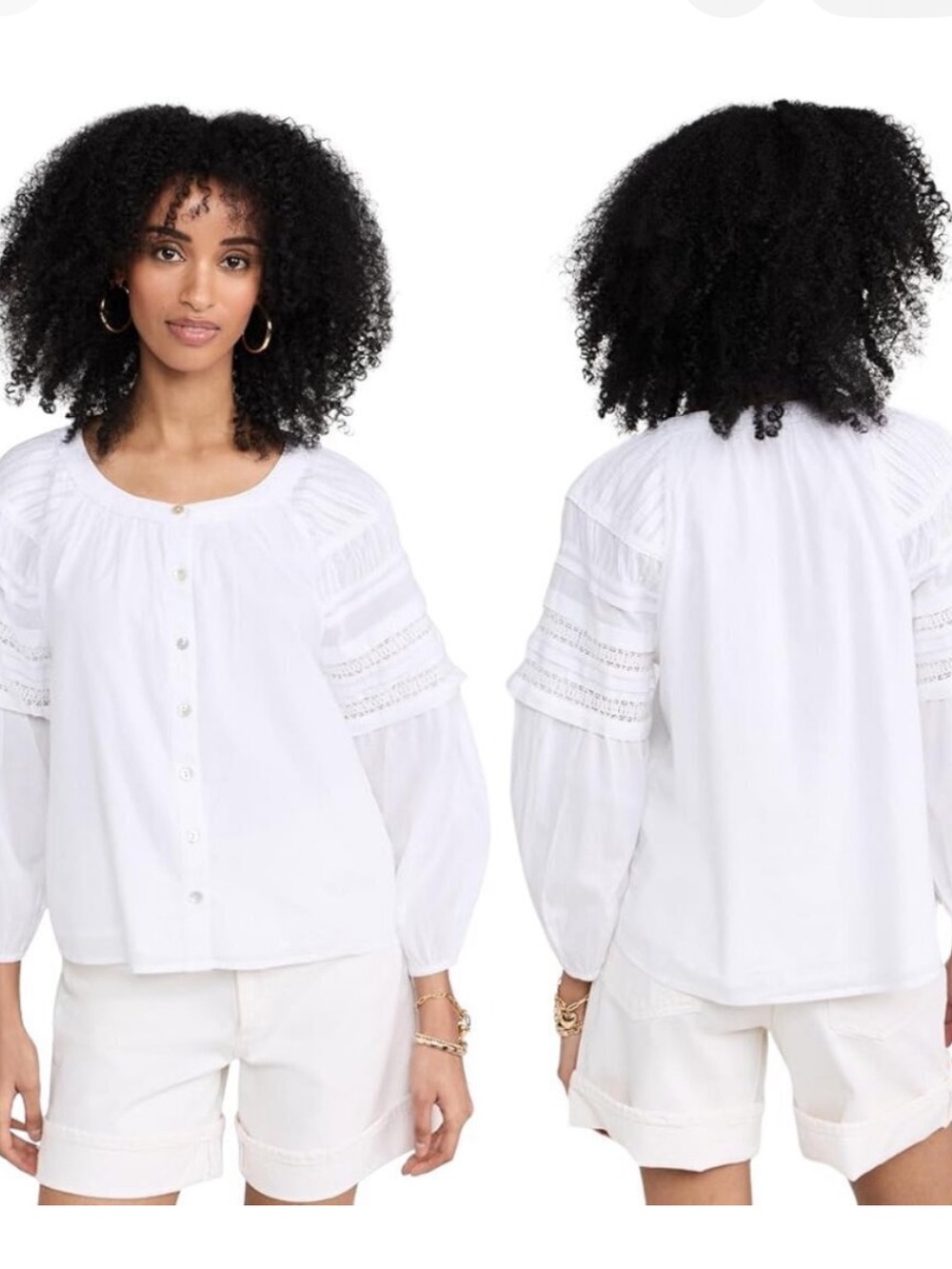 Faherty White Button-Front Lace-Trim Peasant Blouse